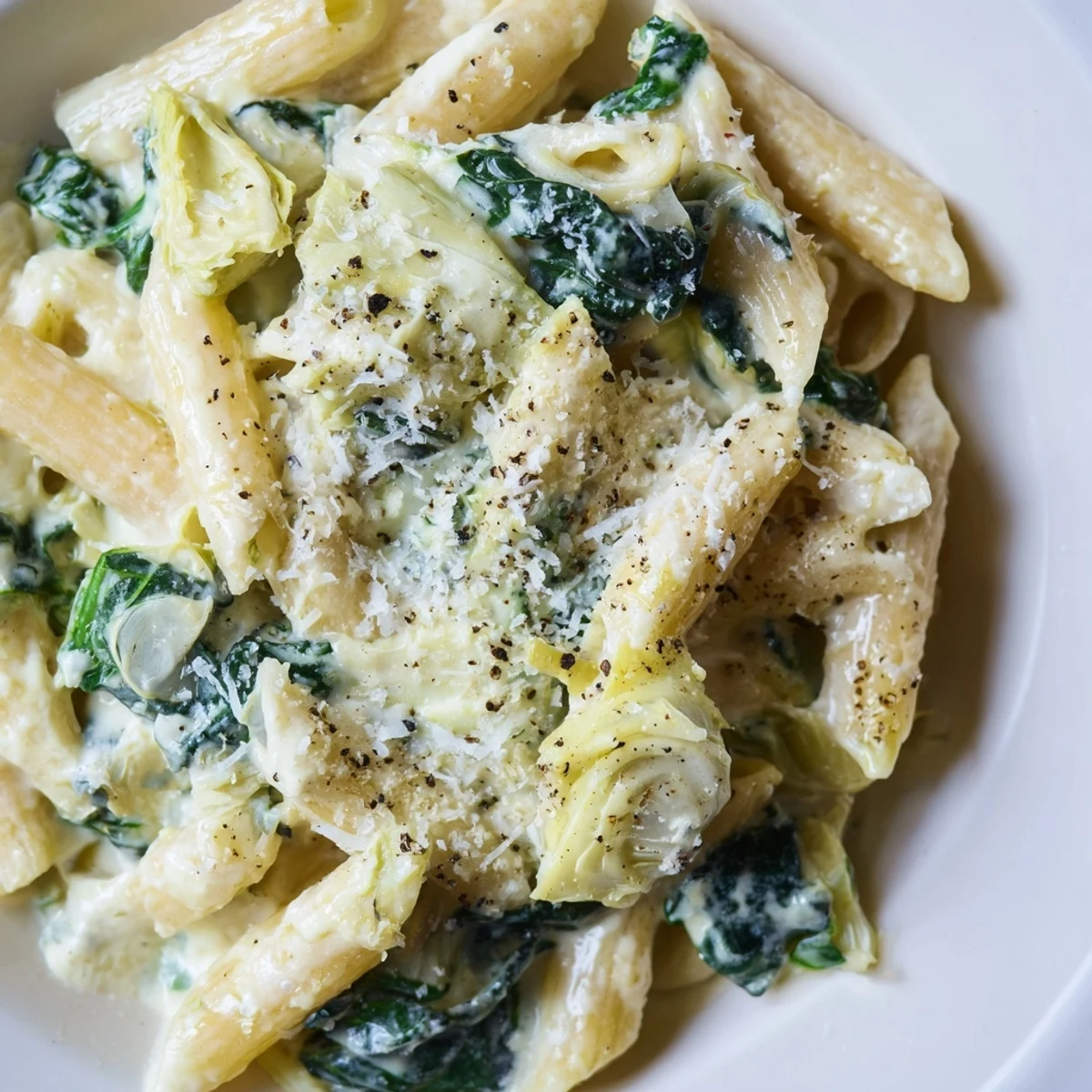 Freshly cooked Creamy Spinach and Artichoke Penne steams in a bowl, garnished with extra parmesan.
