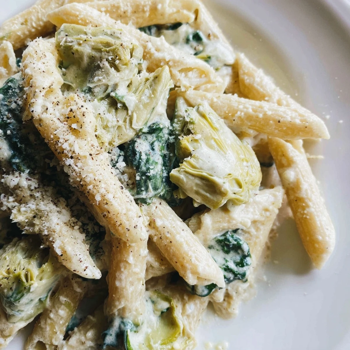 Close-up of Creamy Spinach and Artichoke Penne, showing penne pasta coated in a luscious, cheesy sauce.
