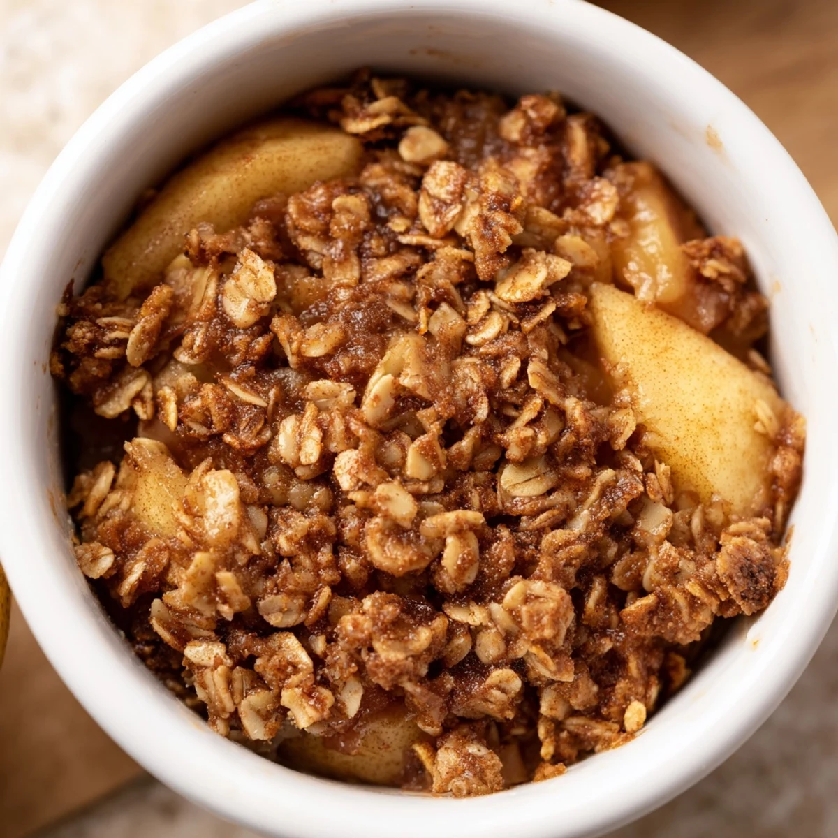 Freshly baked apple crisp with granola topping bubbling in a dish, served warm with a scoop of vanilla ice cream melting on top.