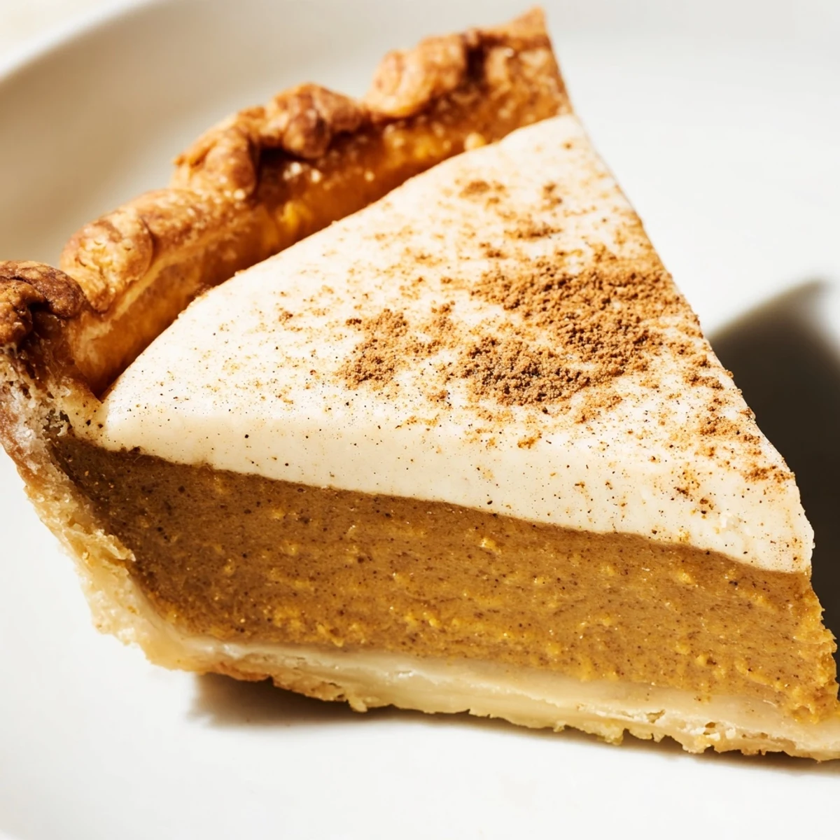 A close-up of a slice of Spiced Pumpkin Pie served with a dollop of whipped cream on a rustic wooden table.