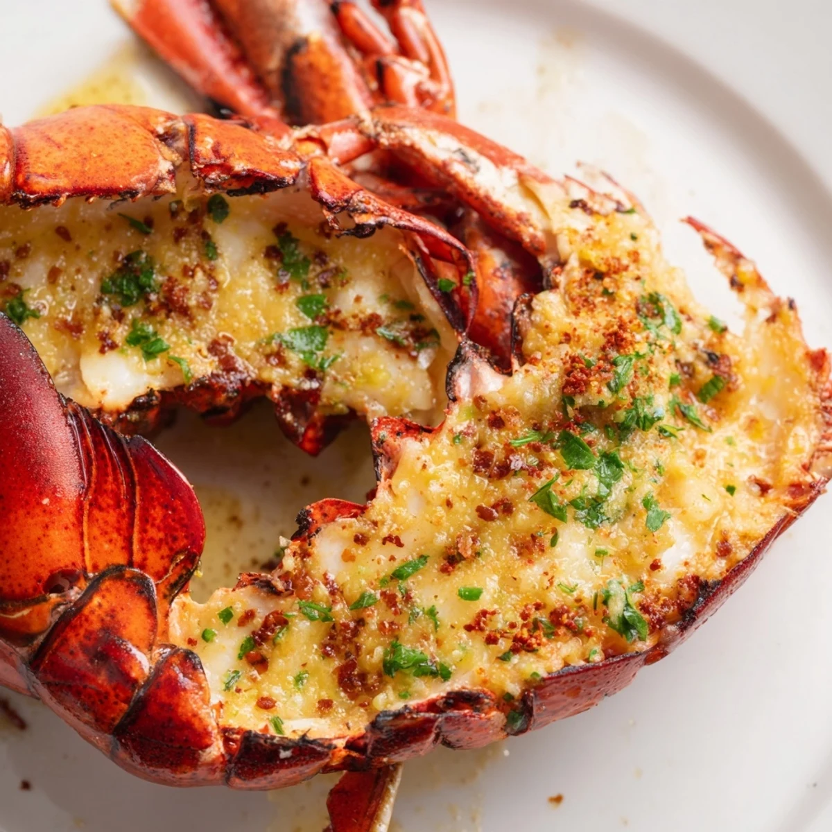 Golden-brown broiled Garlic Butter Lobster Tails with Lemon sit on a platter, meat forked over shells, garnished with fresh parsley and lemon wedges.
