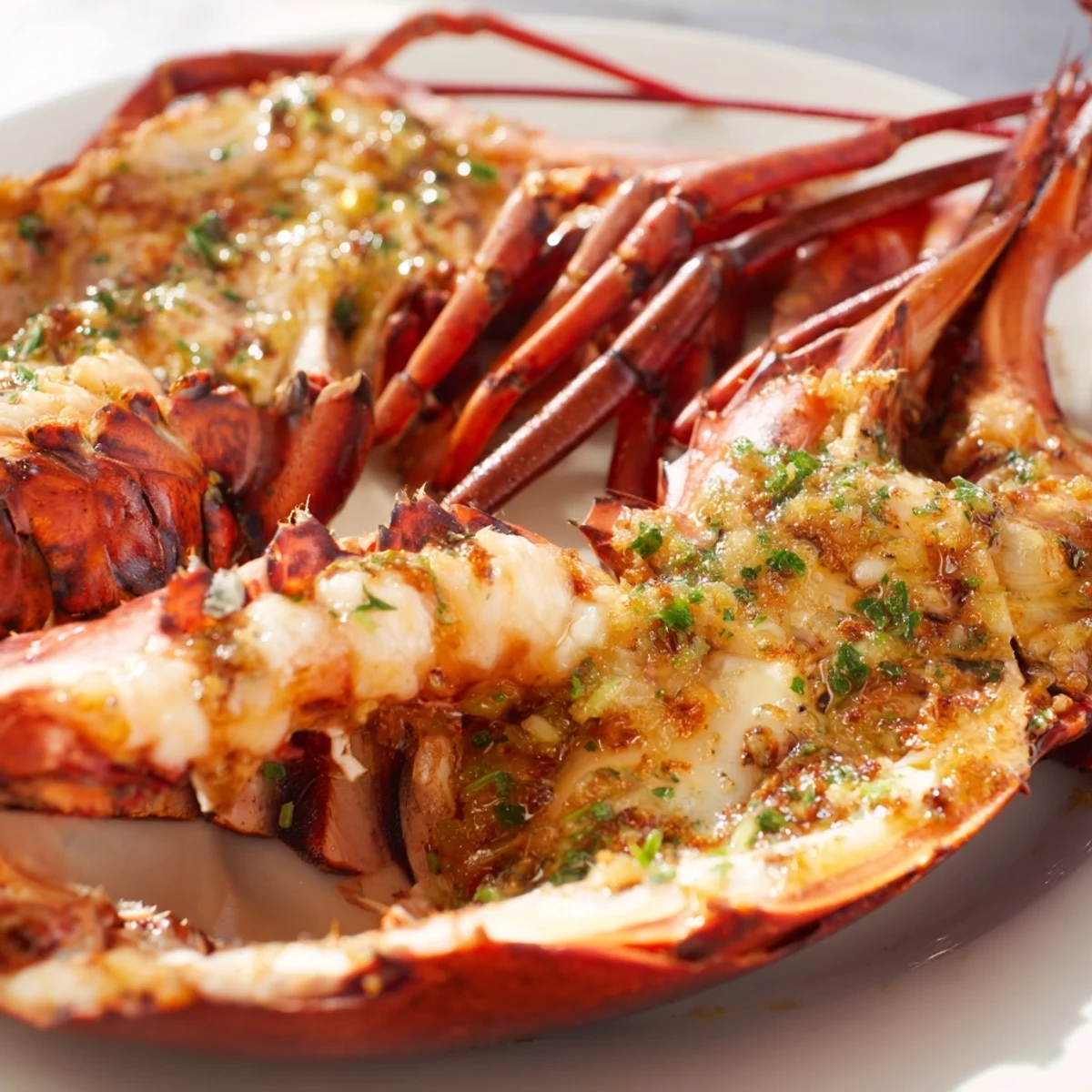 Close-up of plump Garlic Butter Lobster Tails with Lemon, glistening in garlic butter sauce, ready to serve beside fresh lemon wedges and parsley.