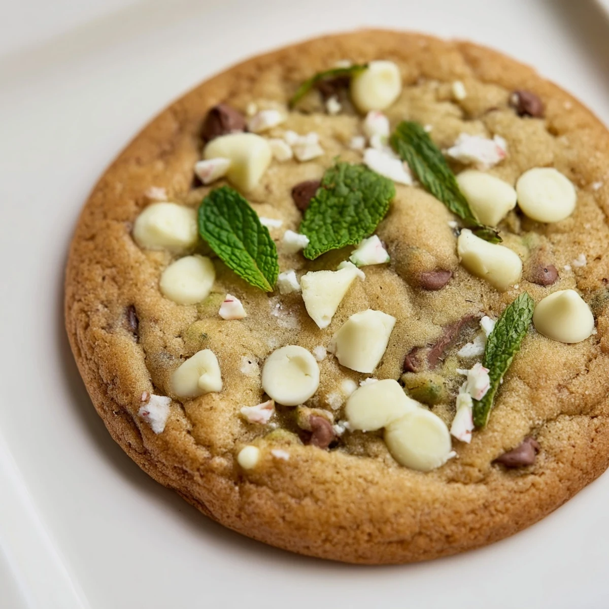 Freshly baked Peppermint Chocolate Chip Cookies with Mint on a cooling rack, showing gooey chocolate chips and specks of green mint.