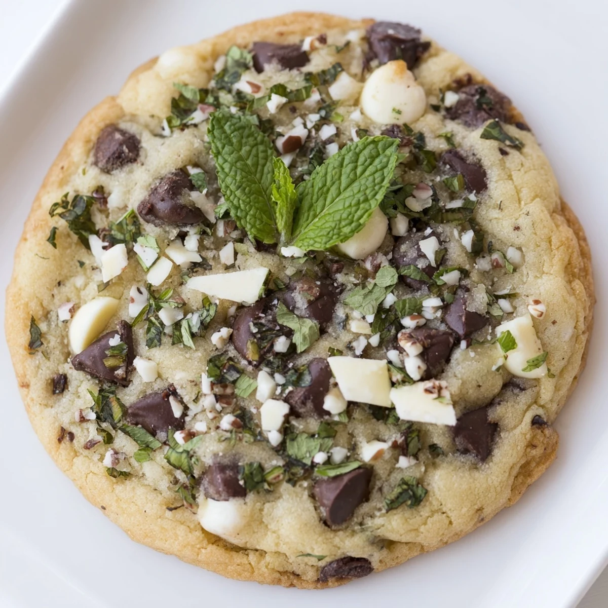Plate of festive Peppermint Chocolate Chip Cookies with Mint, served beside a glass of milk for an indulgent holiday dessert.