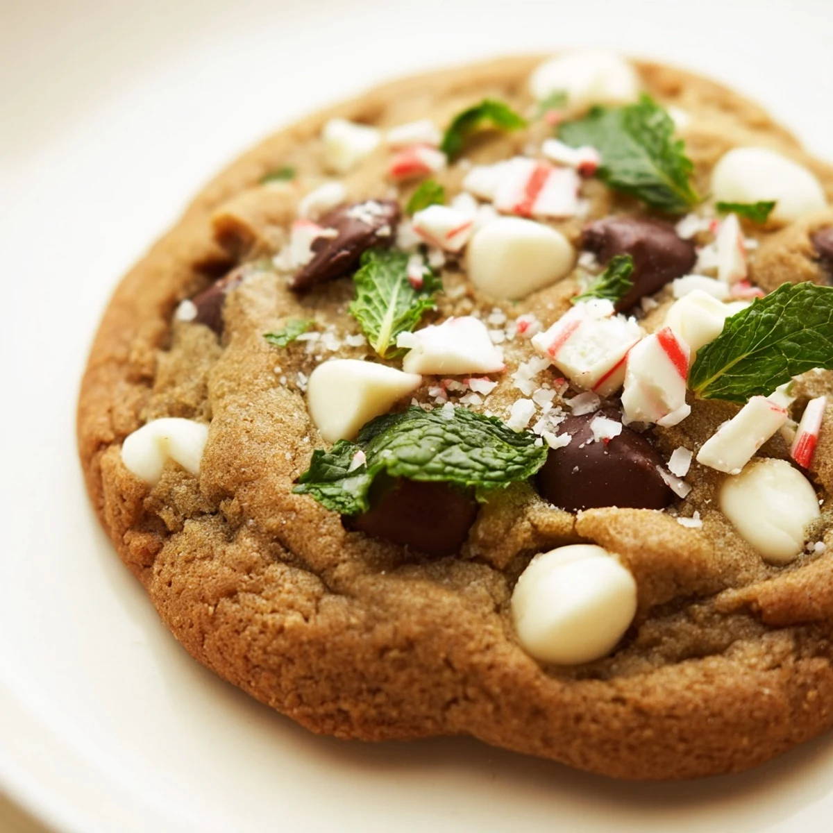 Close-up of Peppermint Chocolate Chip Cookies with Mint, featuring a cracked top, melted white chocolate chips, and crushed candy cane pieces.