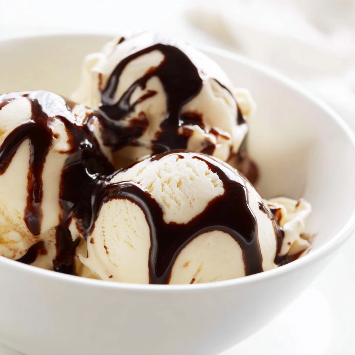 Warm homemade chocolate syrup cascades over velvety vanilla ice cream for an easy dessert.