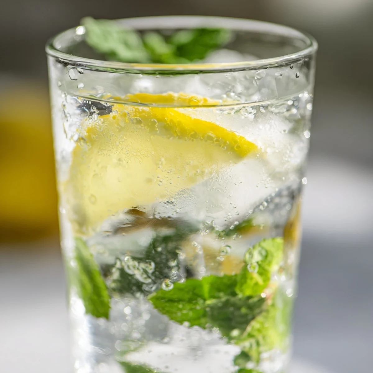 A tall glass of Peppermint Oil Infused Water shows clear liquid with floating mint and lemon over ice.