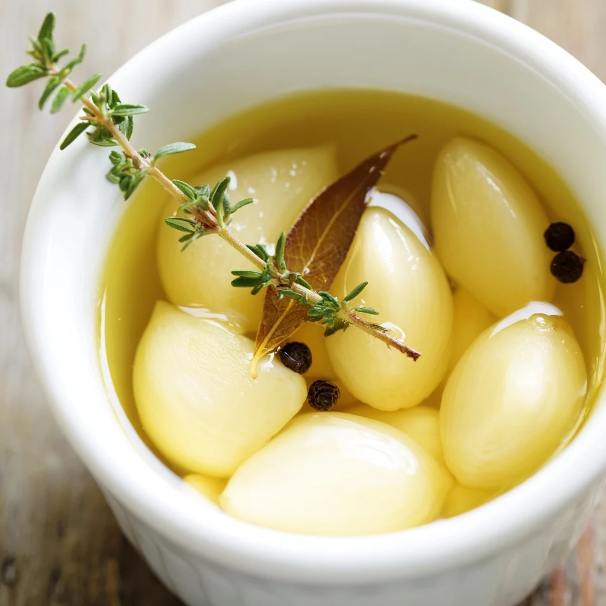 Garlic confit: tender golden cloves submerged in olive oil with thyme and bay leaf.