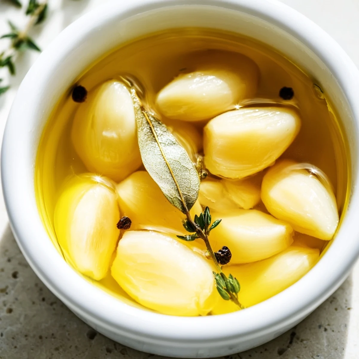Whole garlic cloves slowly simmered in herb-infused oil until sweet and spreadable.
