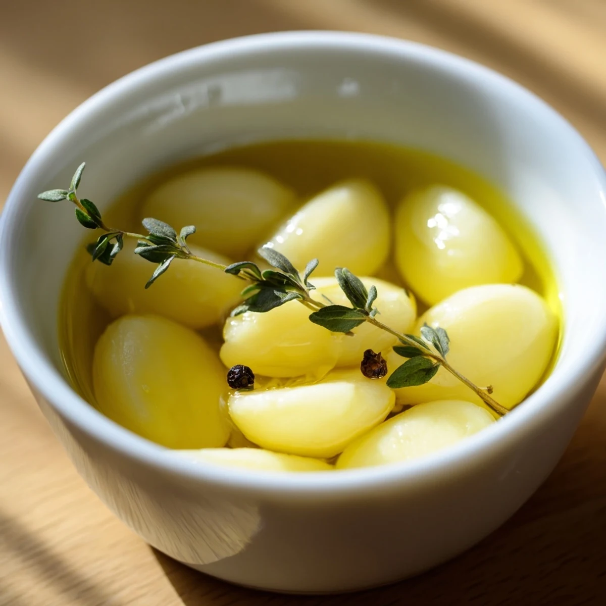 Golden garlic confit glistens in a jar with peppercorns and fresh thyme sprigs.
