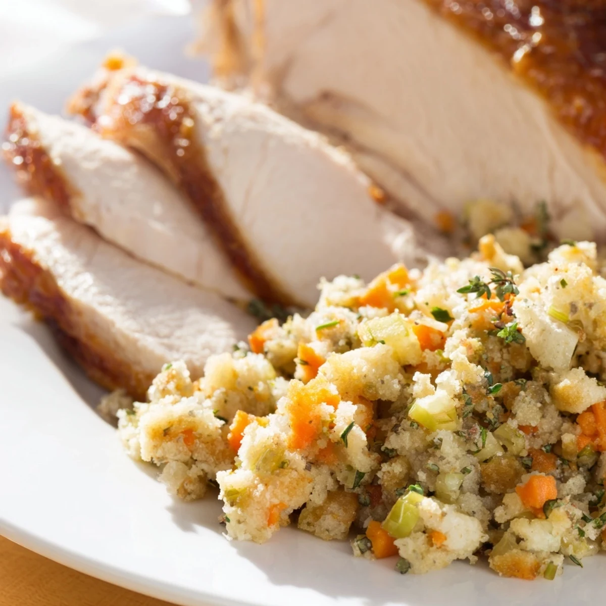 Golden-brown roasted turkey with herb butter, served alongside savory bread stuffing and fresh herbs.