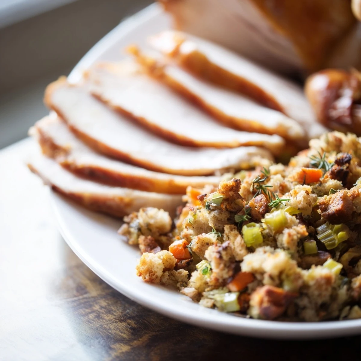 Hearty slices of roasted turkey with stuffing and pan juices, plated on a festive dinner table.