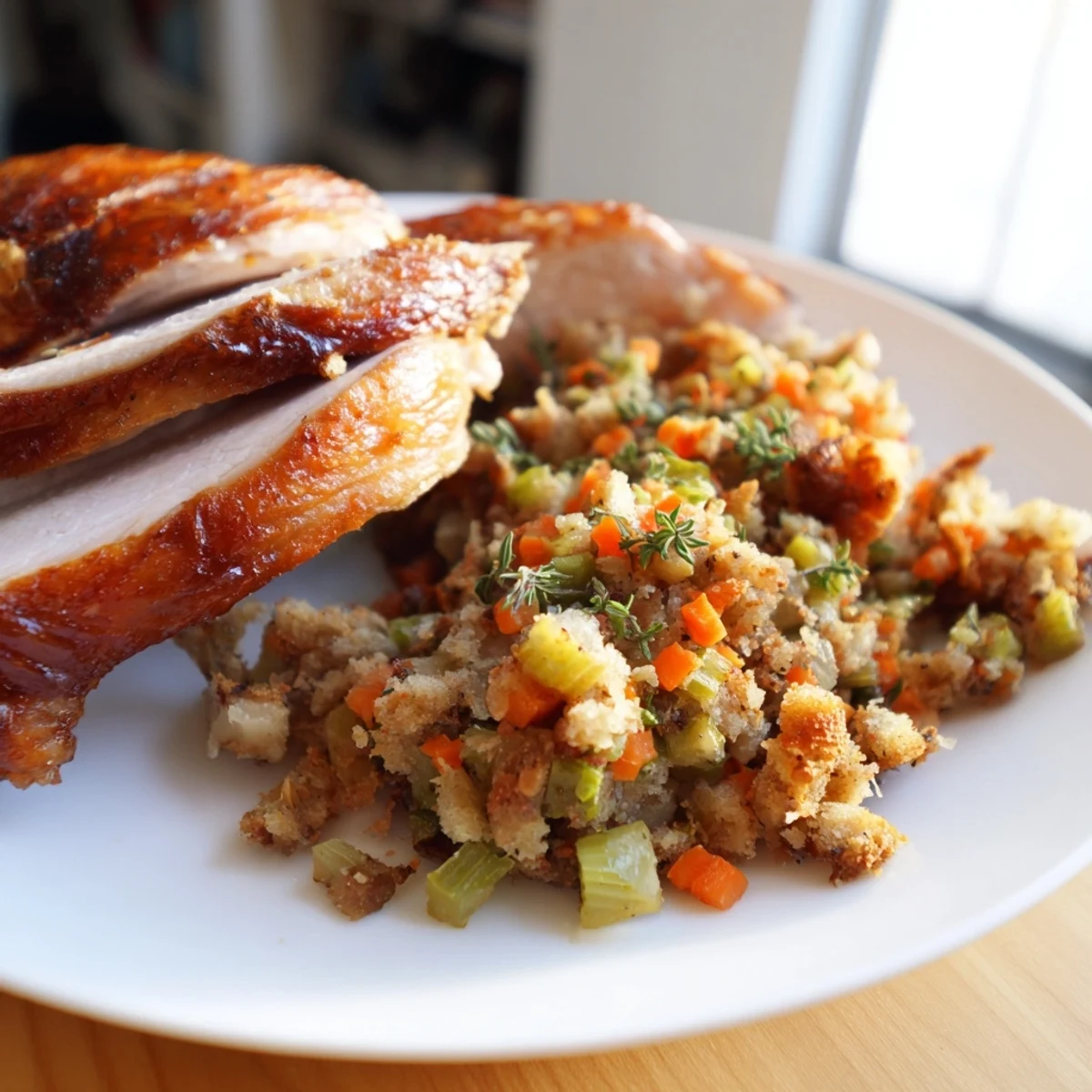 Perfectly carved roasted turkey with moist herb stuffing, garnished with thyme and lemon slices.