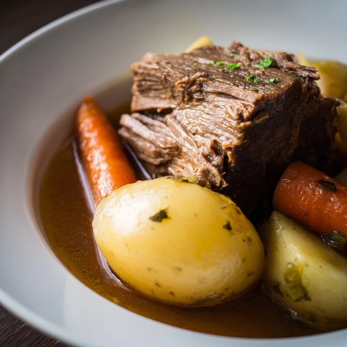 Fork-tender cubes of Savory Braised Beef with Root Vegetables in a rich, glossy herb sauce on a rustic plate.