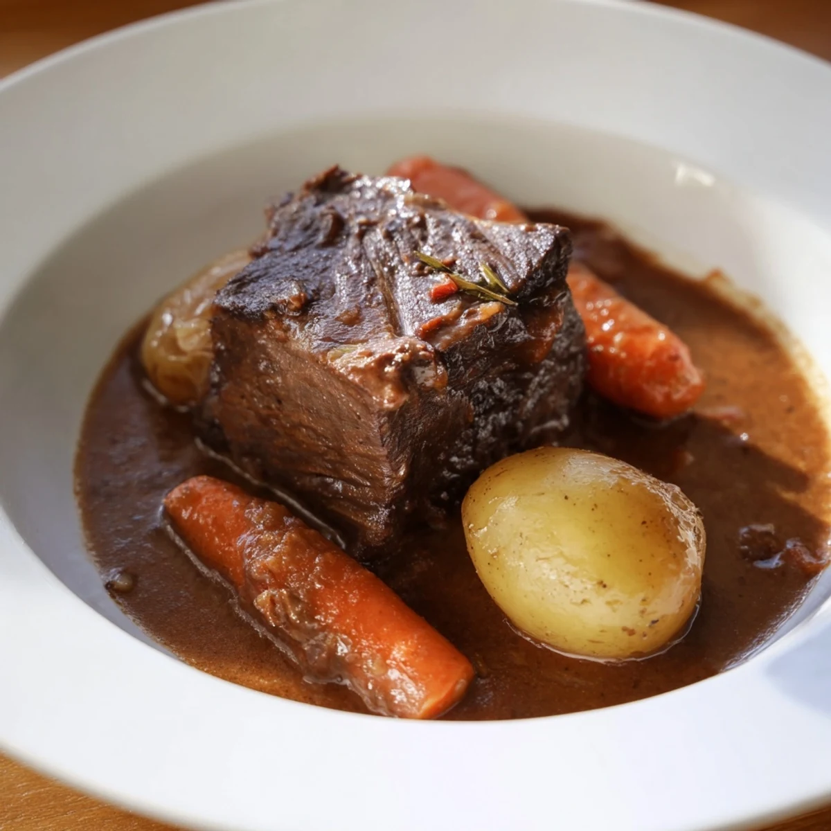 A warm bowl of Savory Braised Beef with Root Vegetables paired with crusty bread for a cozy dinner.