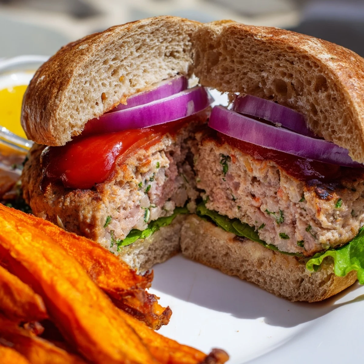 Juicy turkey burger on a toasted bun with crispy baked sweet potato fries served alongside for a wholesome dinner.