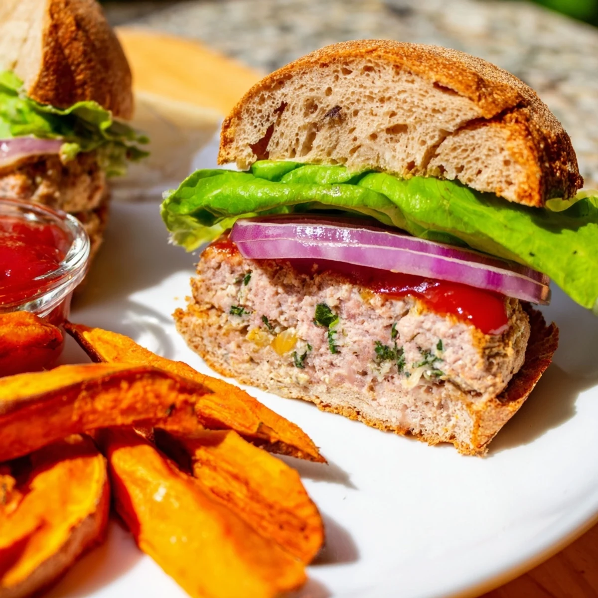 Golden-baked sweet potato fries and a seasoned turkey burger with fresh lettuce and tomato on a whole wheat bun.