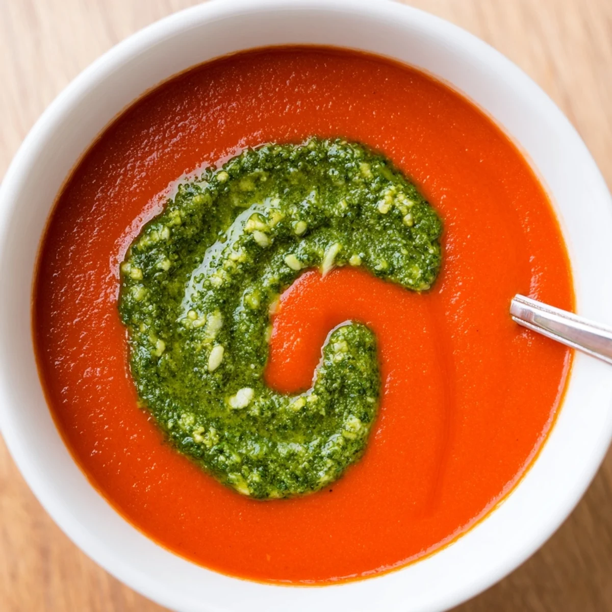 Steaming bowl of Creamy Tomato Soup with Basil Pesto, garnished with basil leaves next to crusty bread.