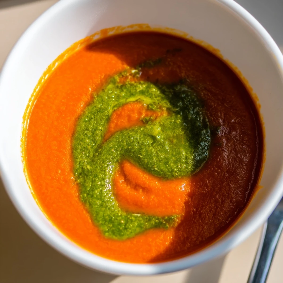 Creamy Tomato Soup with Basil Pesto in a white bowl, featuring a vibrant green swirl and steam rising.