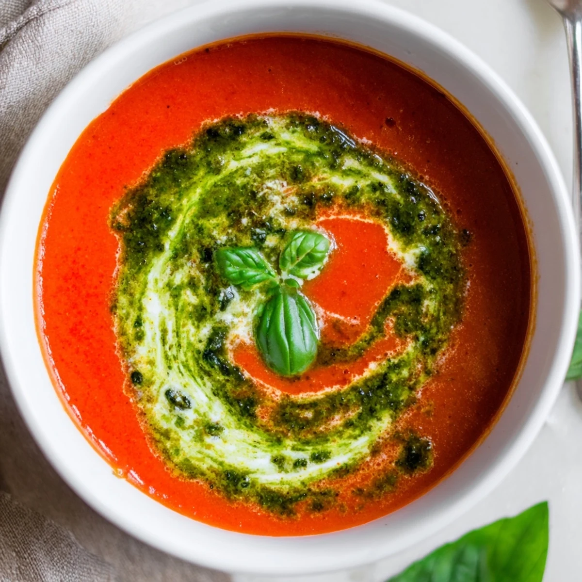 Close-up of Creamy Tomato Soup with Basil Pesto, highlighting the rich red broth and glossy pesto drizzle.