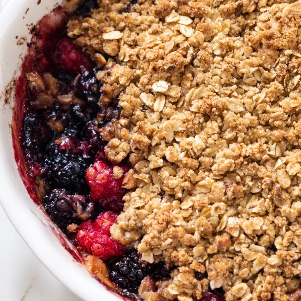 Freshly baked Winter Berry Crumble with Oats in a rustic dish, bubbling berry juices and golden oat topping, served with vanilla ice cream.