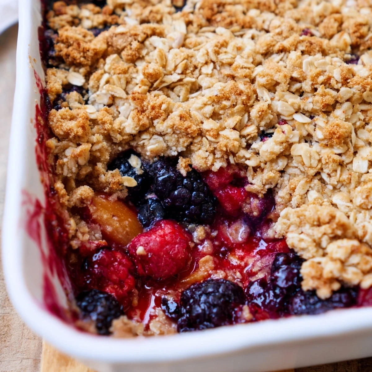 Crumbly oat topping and sweet-tart winter berries in a white baking dish, perfect for a cozy dessert served warm on chilly evenings.