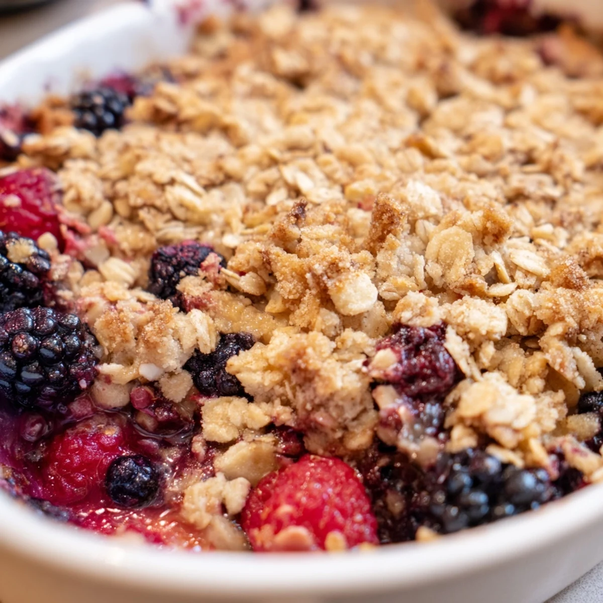 Close-up of Winter Berry Crumble with Oats, showing juicy berries and crunchy cinnamon topping ready to serve with a scoop of ice cream.