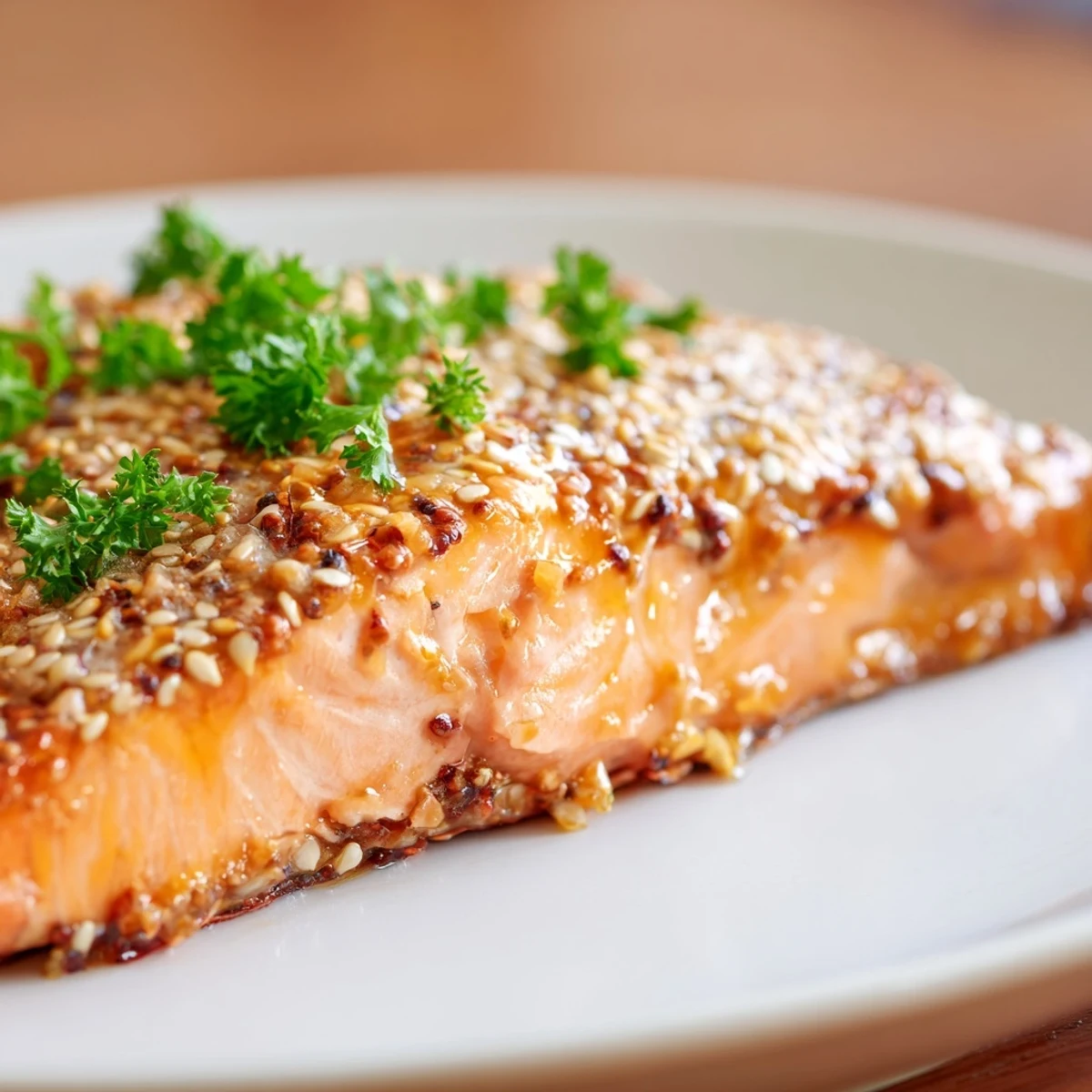 Freshly baked Baked Salmon with Honey Mustard fillet with a glossy glaze and lemon wedges on a white plate.