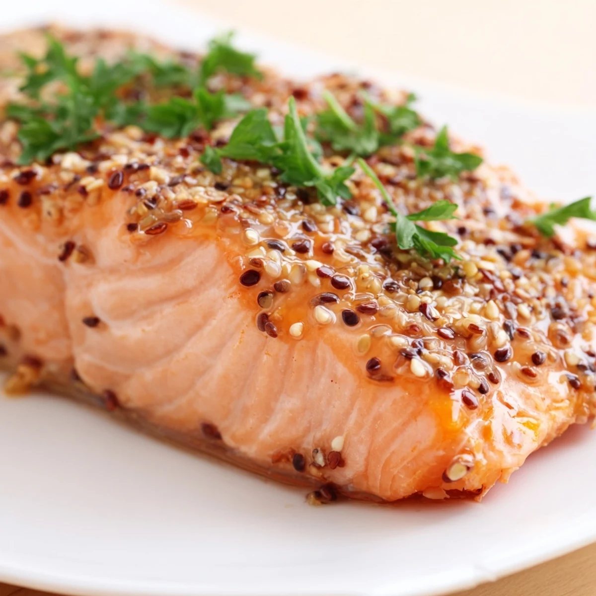 A close-up of juicy Baked Salmon with Honey Mustard, flaky texture and lemon wedges, ready to serve for dinner.