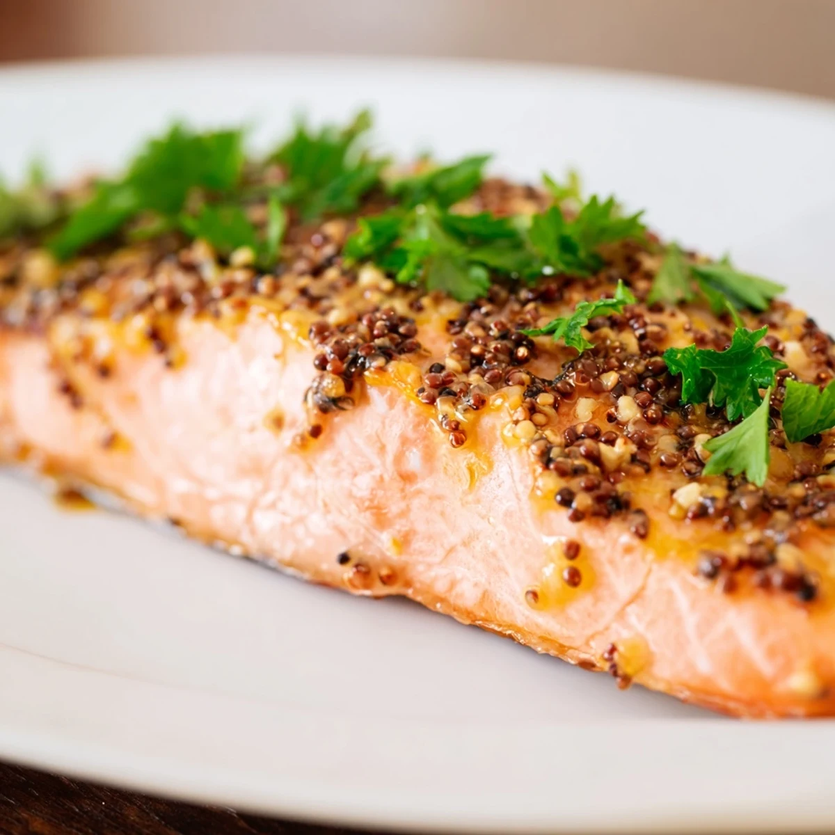 Tender Baked Salmon with Honey Mustard fillets brushed with golden glaze, garnished with parsley, served on a baking sheet.