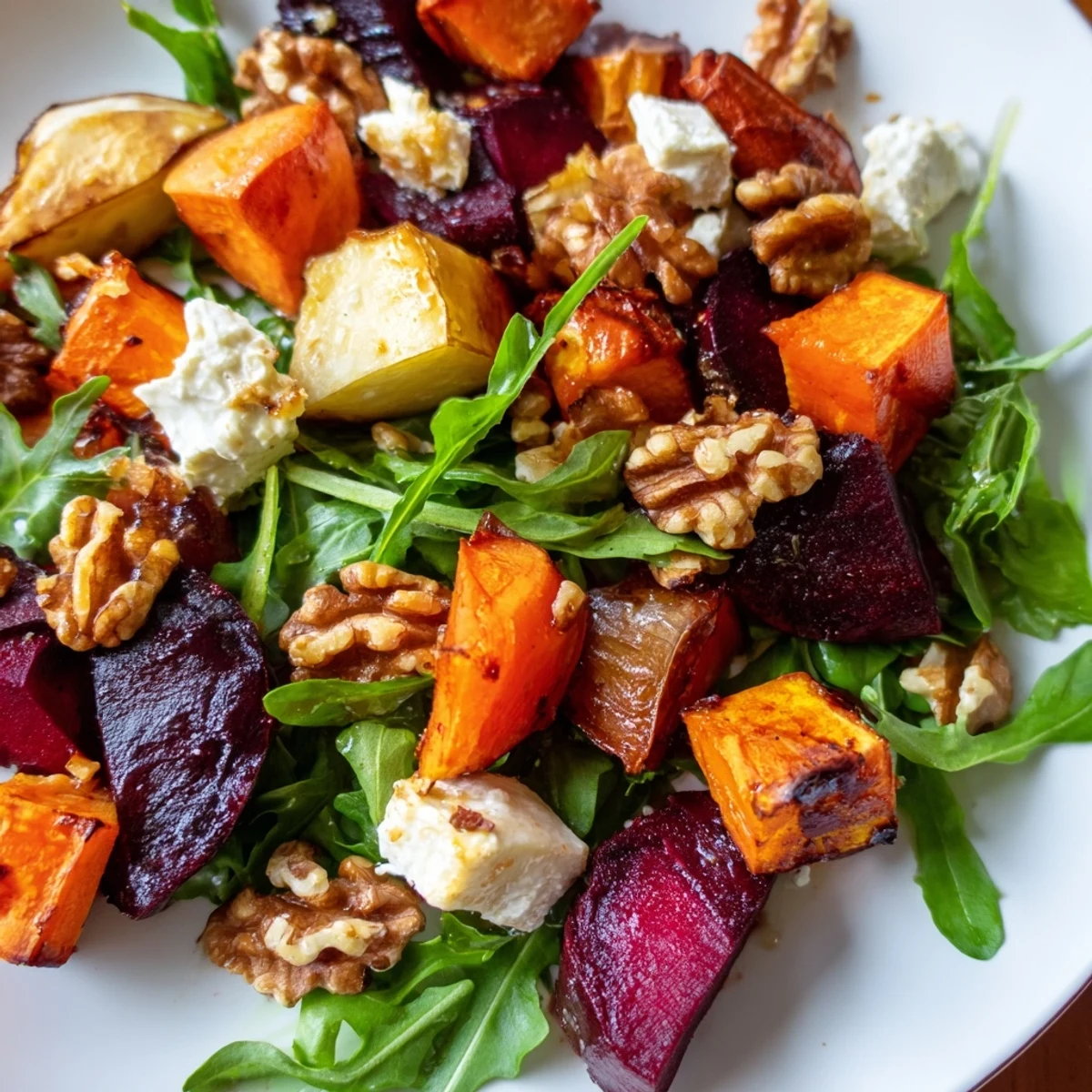 Roasted Root Vegetable Salad with golden beets and carrots tossed with arugula and goat cheese.