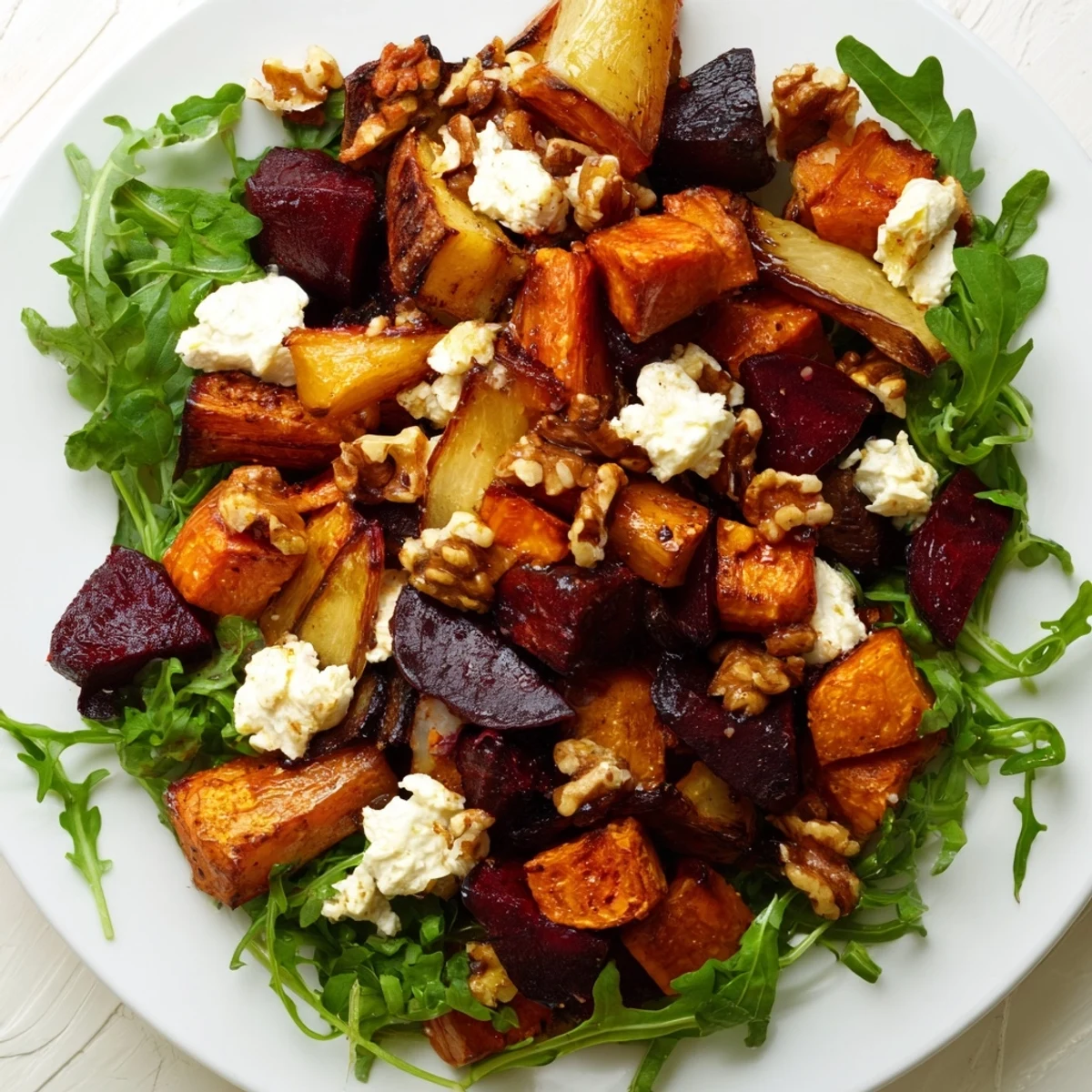 Roasted Root Vegetable Salad served warm over greens with walnuts and tangy balsamic vinaigrette.