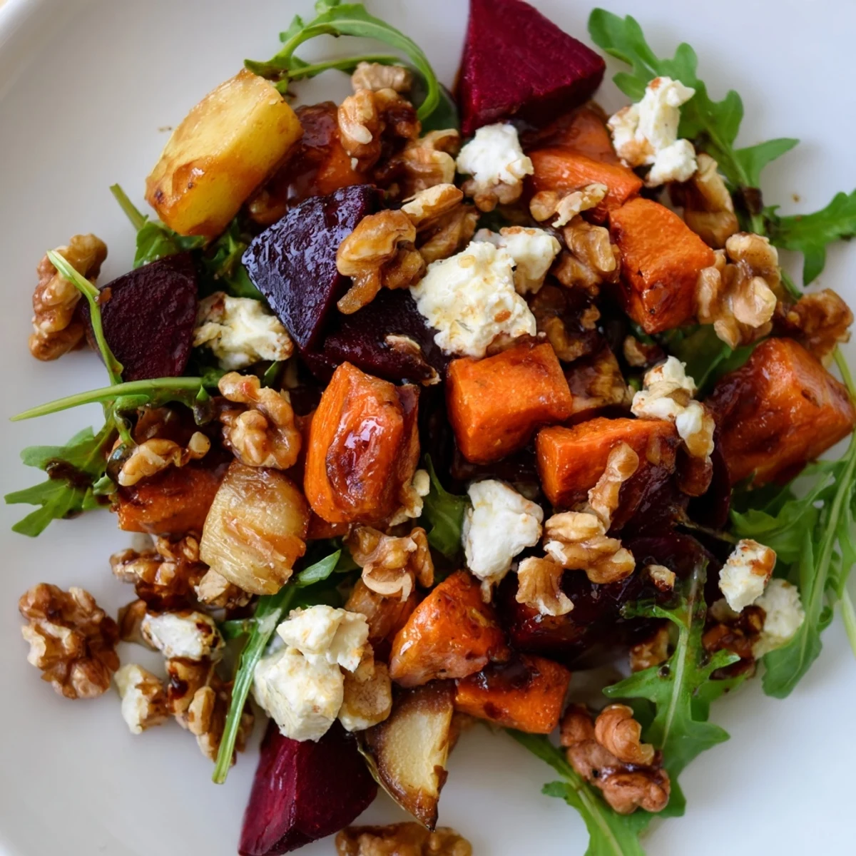 Roasted Root Vegetable Salad plated as a vegetarian main, caramelized roots with onions and feta.