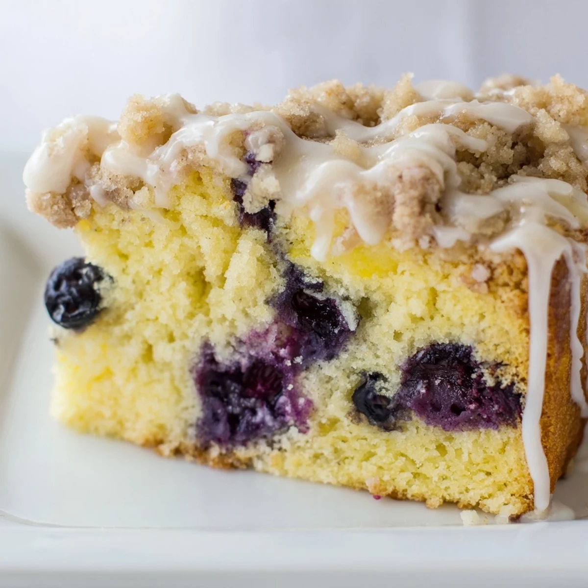 Freshly baked Lemon Blueberry Coffee Cake with a golden crumb topping sits on a wire cooling rack.