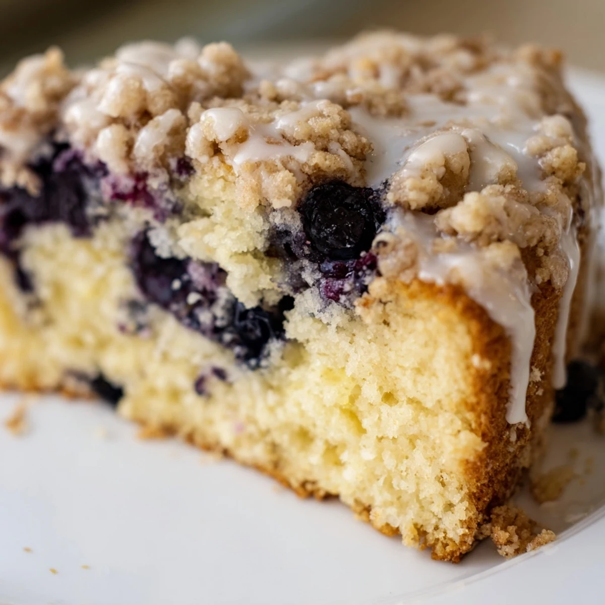Slices of homemade Lemon Blueberry Coffee Cake are served on white plates next to a pitcher of lemon glaze.