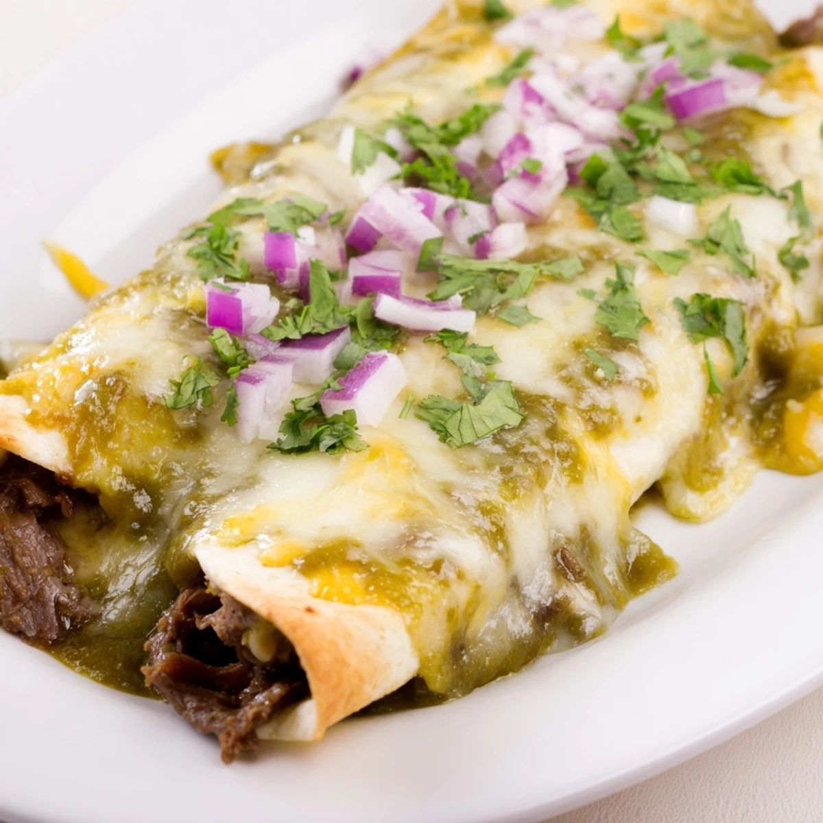 Golden, bubbly Monterey Jack cheese tops freshly baked Beef Enchiladas with Green Chili Sauce, garnished with fresh cilantro.