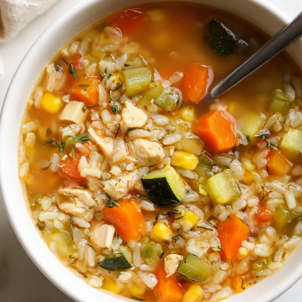 A hearty pot of Chicken Vegetable Soup with Rice simmers on the stove, filled with vibrant green beans and sweet corn.