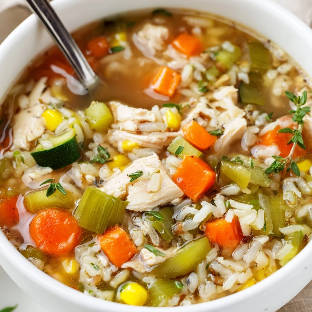 A bowl of homemade Chicken Vegetable Soup with Rice, featuring tender chicken, carrots, peas, and zucchini in a golden broth.