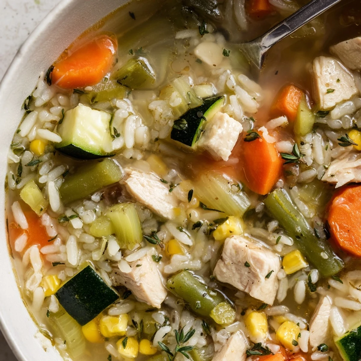 Close-up of a spoon serving Chicken Vegetable Soup with Rice, revealing fluffy rice and chunky vegetables in a savory broth.
