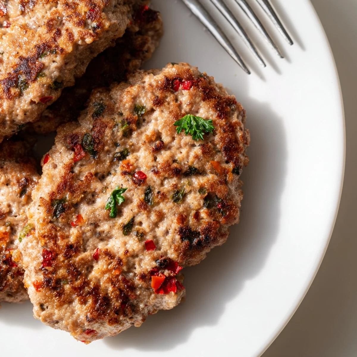 Freshly cooked turkey breakfast sausage patties on a white plate, garnished with parsley.