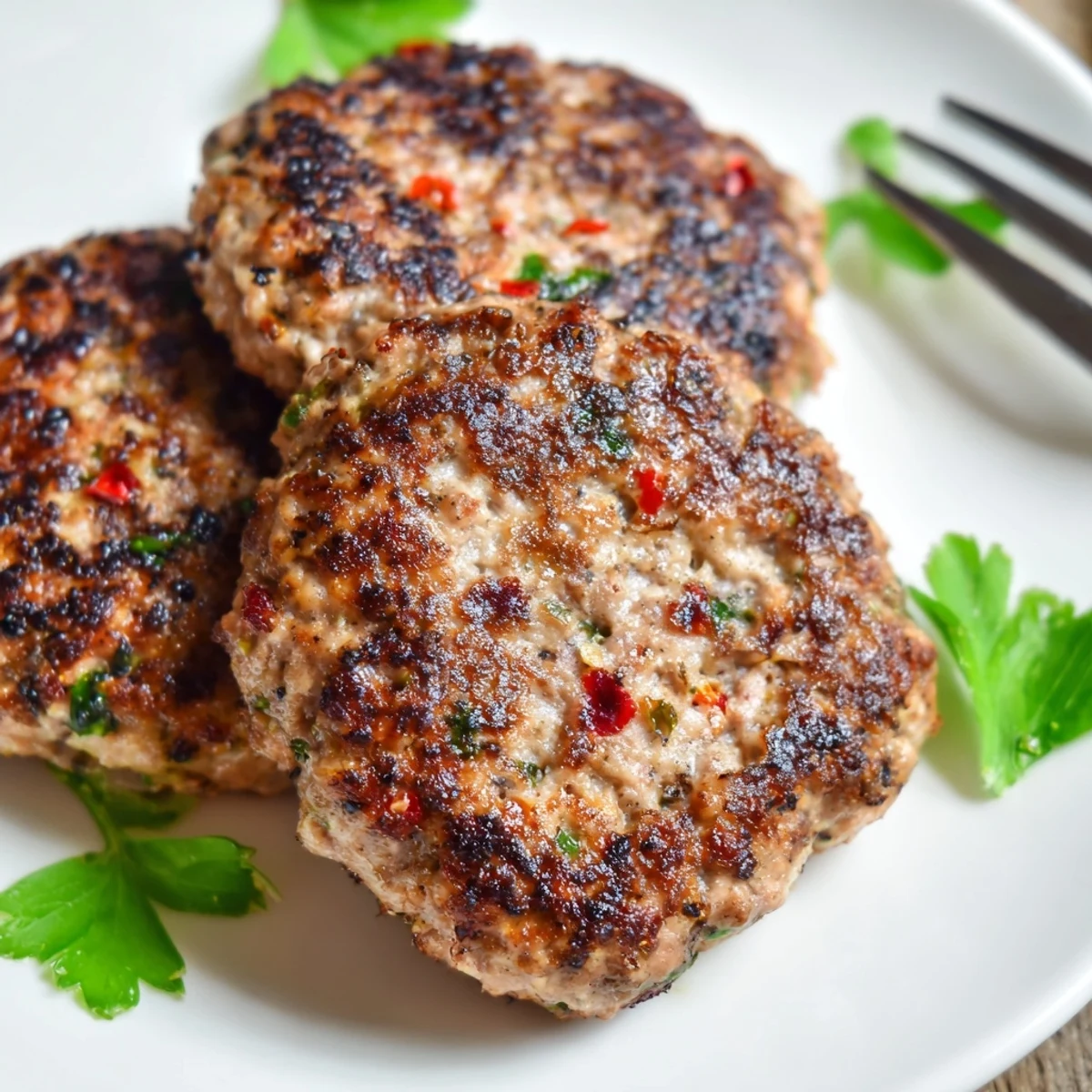 Homemade turkey breakfast sausage patties served alongside scrambled eggs and toast for breakfast.
