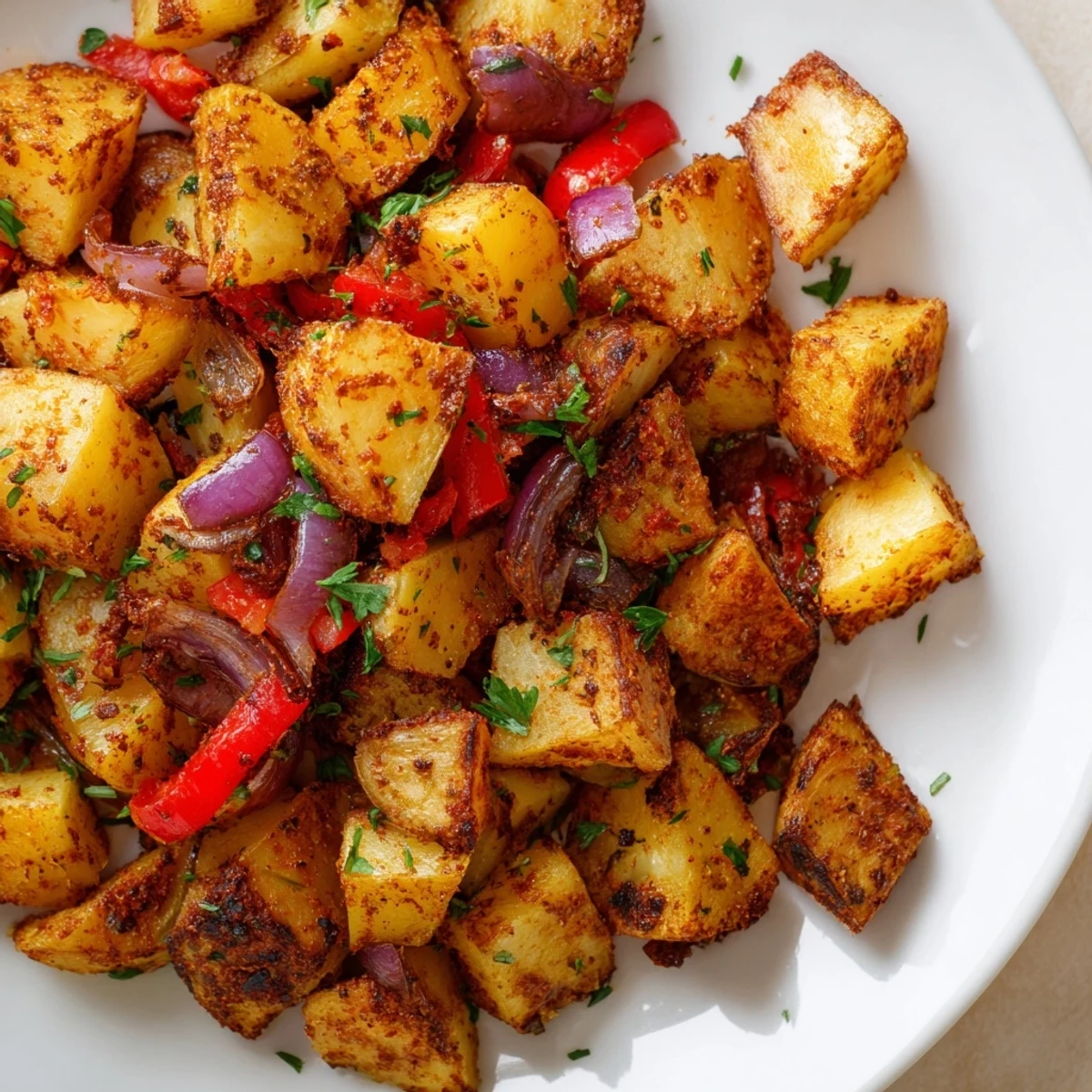 Crispy Yukon Gold potatoes with red onion and bell pepper on a rustic plate.