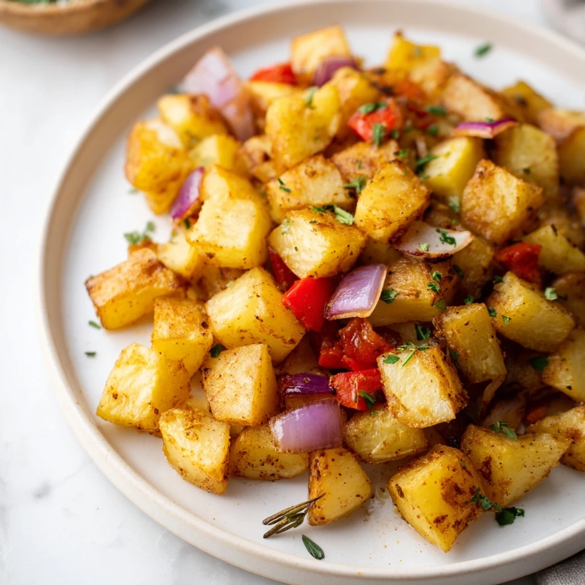 Golden-brown roasted breakfast potatoes seasoned with paprika and herbs, served hot from the oven.
