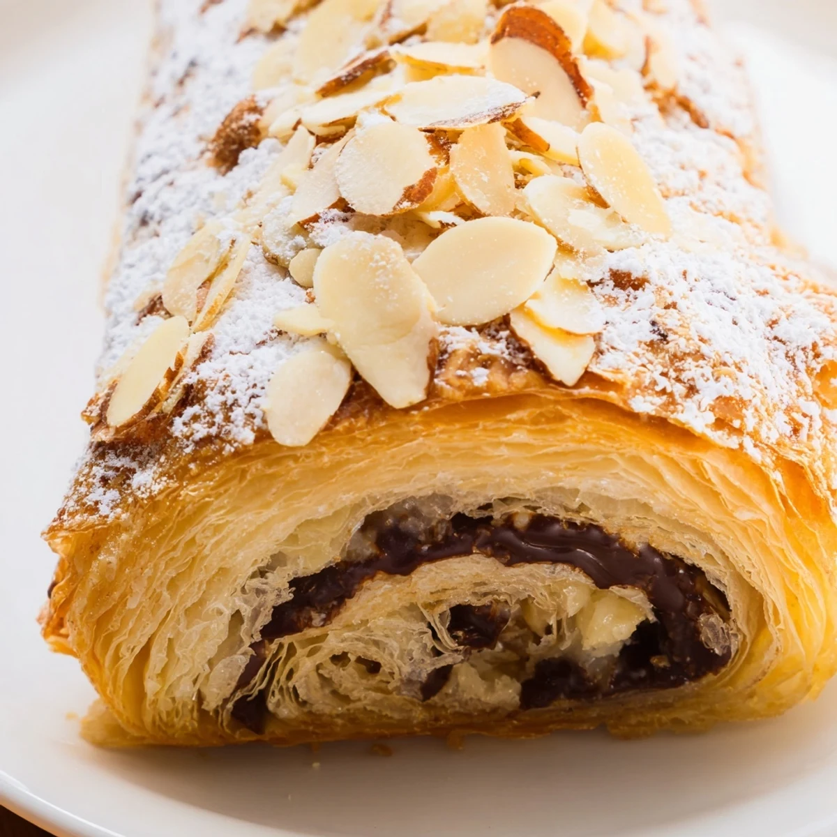 Golden-brown Chocolate Breakfast Pastry with a flaky crust, broken open to reveal melted, gooey dark chocolate filling.