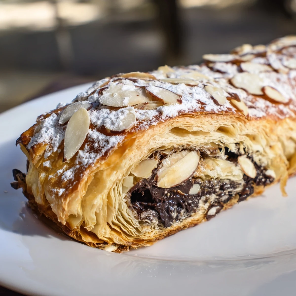 A freshly baked Chocolate Breakfast Pastry on a rustic board, dusted with powdered sugar and ready for coffee.