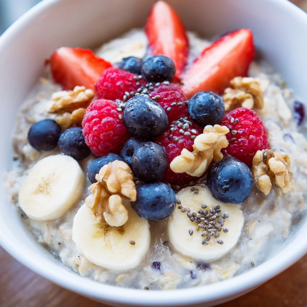 Two bowls of creamy breakfast oats topped with fresh blueberries, sliced bananas, and chopped walnuts for a hearty, wholesome morning meal.