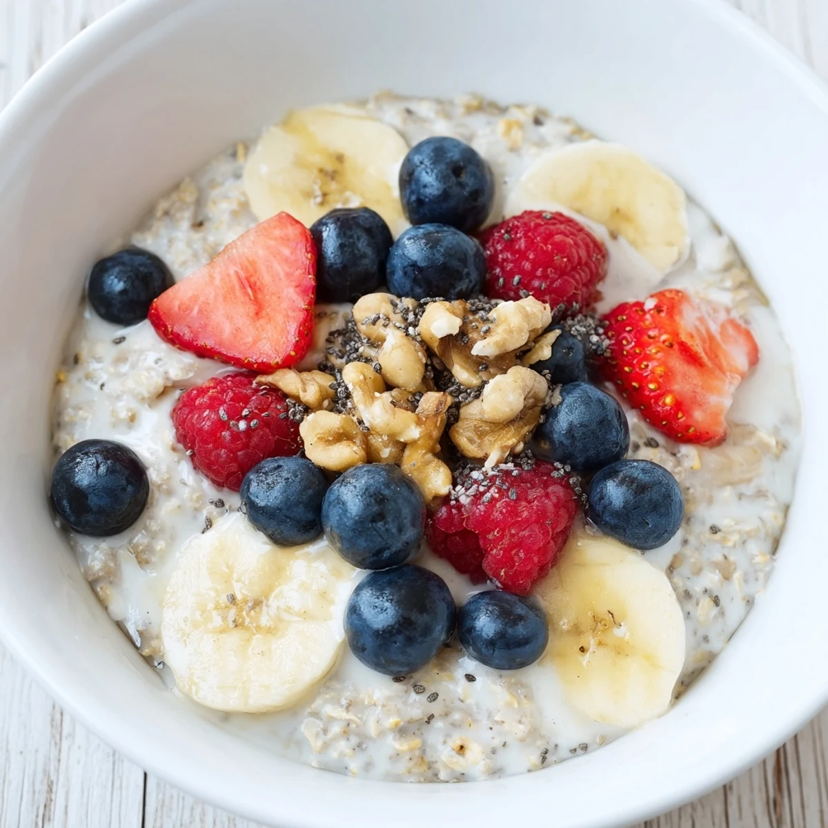 Close-up of creamy breakfast oats with strawberries, chia seeds, and a honey drizzle beside a cup of herbal tea.