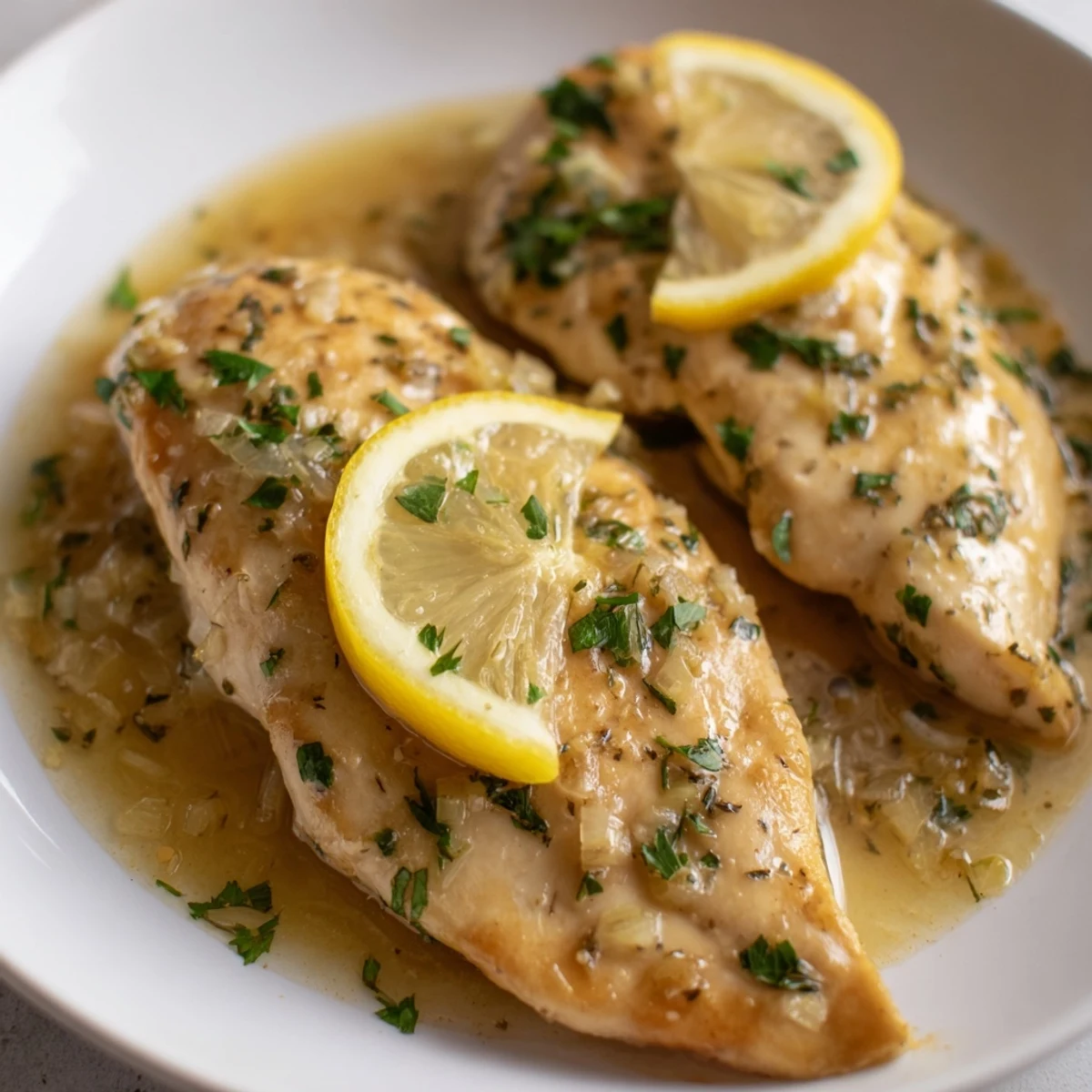 Served over fluffy rice with fresh parsley garnish and lemon slices for brightness.