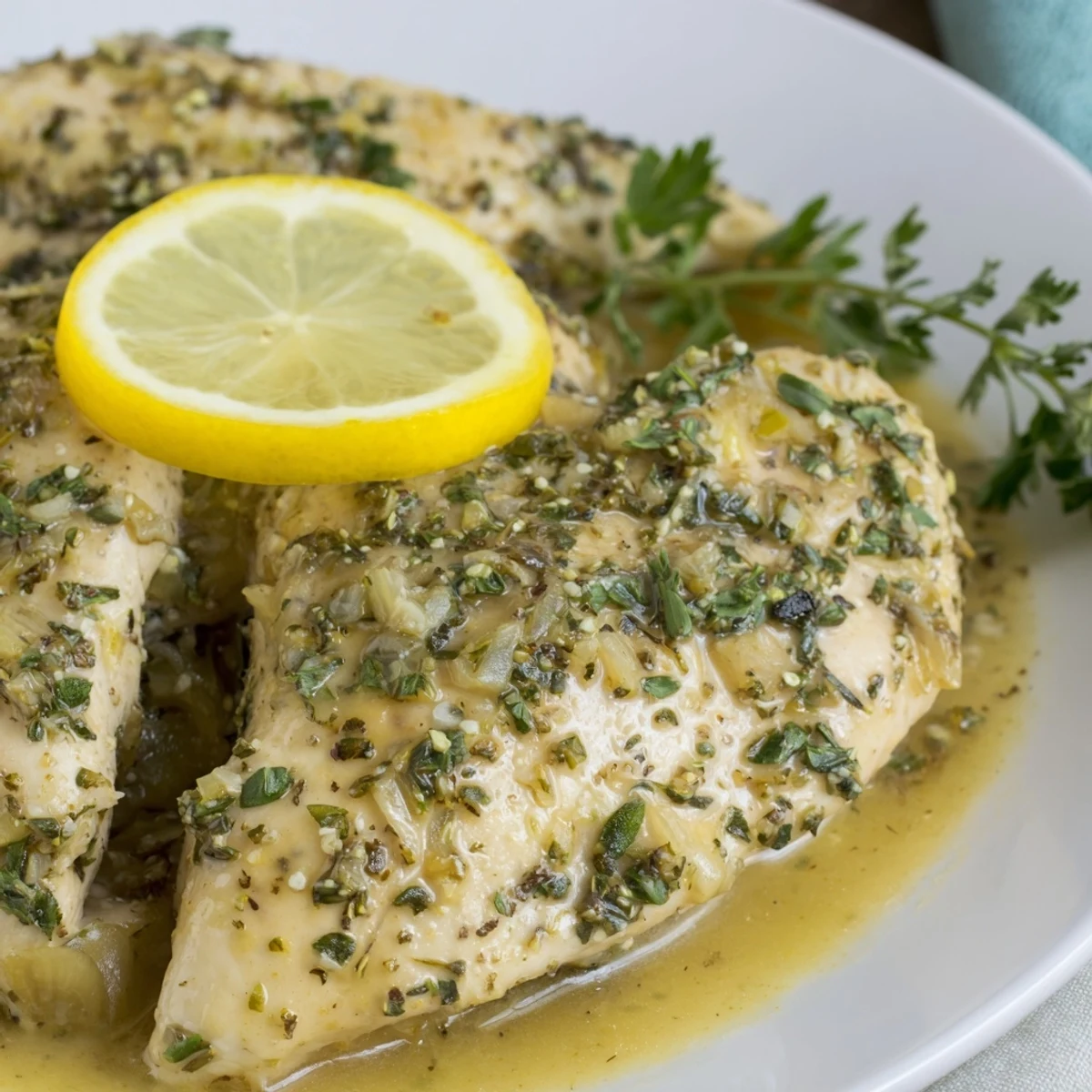 Golden-brown Lemon Supper Chicken breasts simmered in a zesty lemon herb sauce in a skillet.