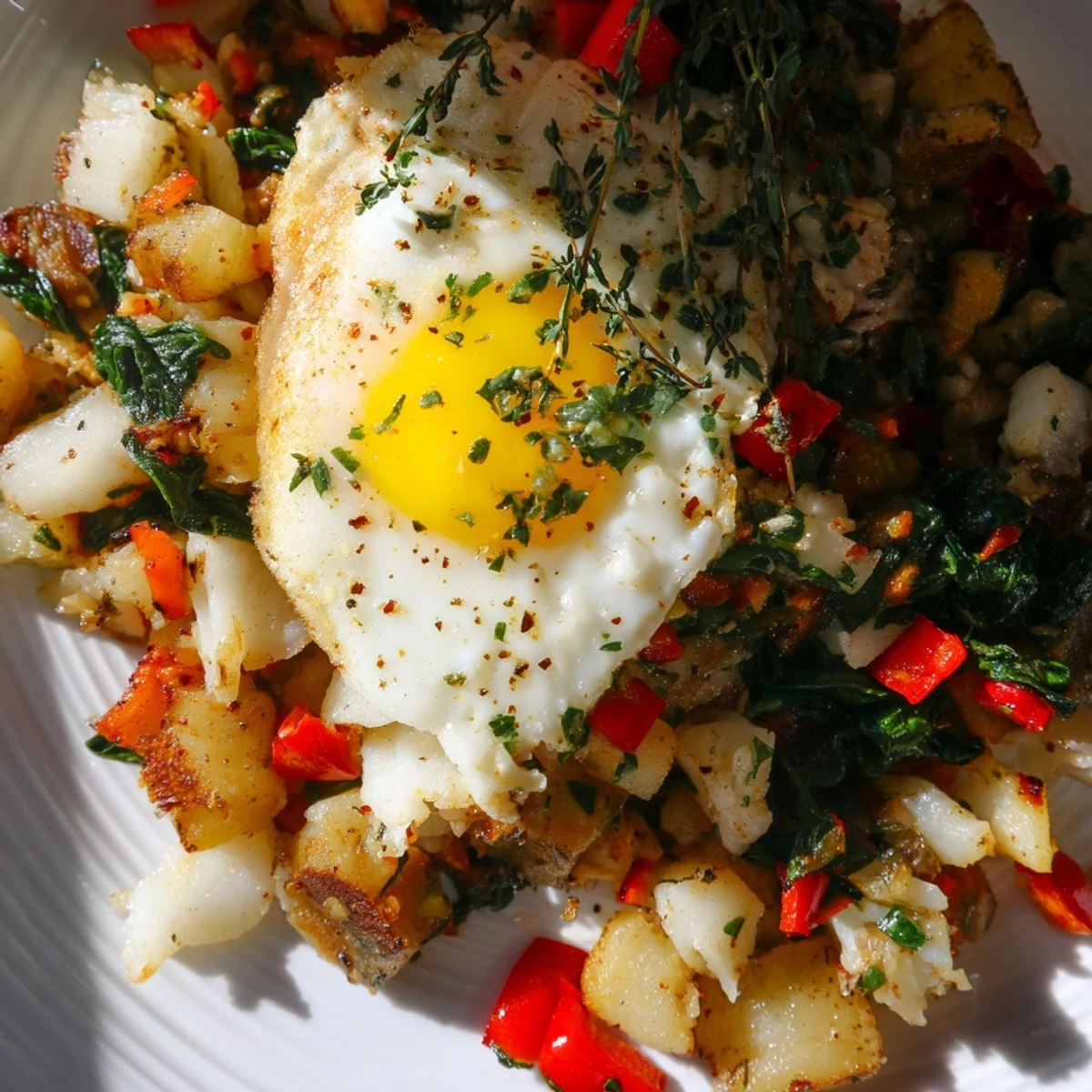 A hearty Baked Fish Breakfast Hash topped with sunny-side-up eggs, fresh parsley, and a drizzle of olive oil for a nutritious morning meal.